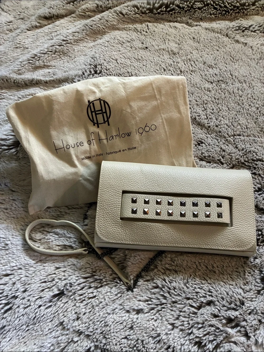 House of Harlow 1960 Cream Leather Studded Wristlet Clutch
